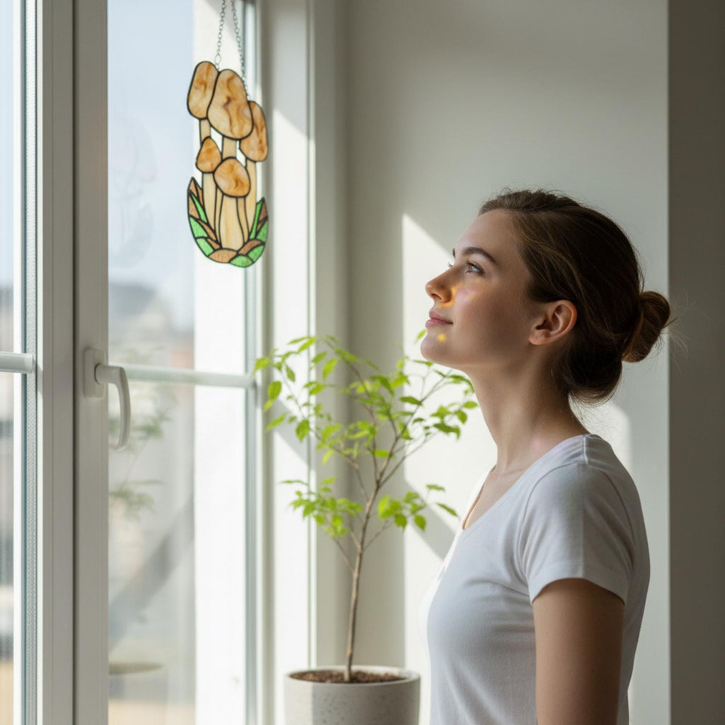 Handmade stained glass mushroom suncatcher with green grass base, colorful fungi window hanging, cottagecore forest decor for plant lovers.