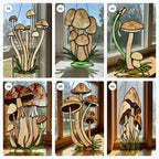 Handmade stained glass mushroom suncatcher with green grass base, colorful fungi window hanging, cottagecore forest decor for plant lovers.