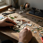 Handmade stained glass mushroom suncatcher with green grass base, colorful fungi window hanging, cottagecore forest decor for plant lovers.