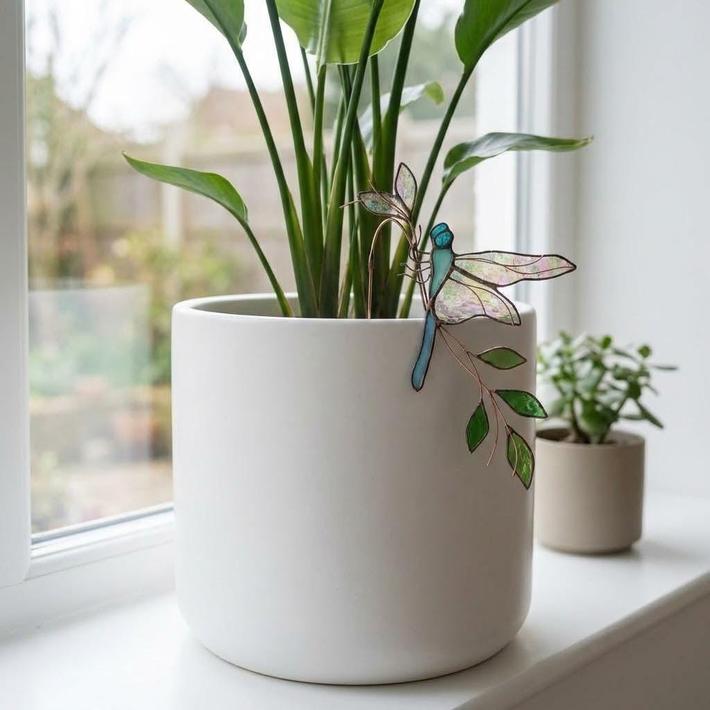Handmade stained glass dragonfly plant stake with iridescent wings and metal rod, suncatcher pot sitter for indoor plants, gardening gift for mom.