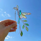 Handmade stained glass dragonfly plant stake with iridescent wings and metal rod, suncatcher pot sitter for indoor plants, gardening gift for mom.