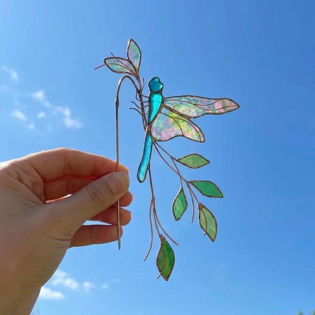 Handmade stained glass dragonfly plant stake with iridescent wings and metal rod, suncatcher pot sitter for indoor plants, gardening gift for mom.