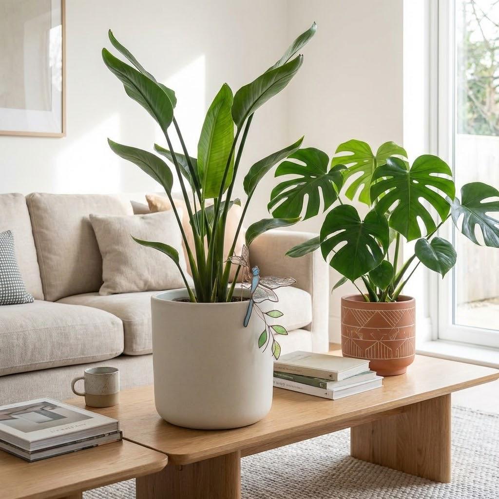 Handmade stained glass dragonfly plant stake with iridescent wings and metal rod, suncatcher pot sitter for indoor plants, gardening gift for mom.