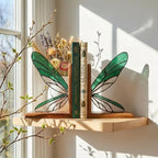 Handmade dragonfly wing stained glass bookends on premium solid oak base, green and yellow glass casting shadows, art nouveau luxury decor.