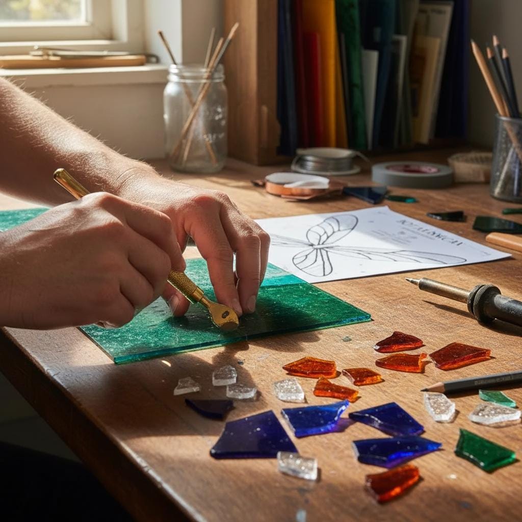 Handmade dragonfly wing stained glass bookends on premium solid oak base, green and yellow glass casting shadows, art nouveau luxury decor.