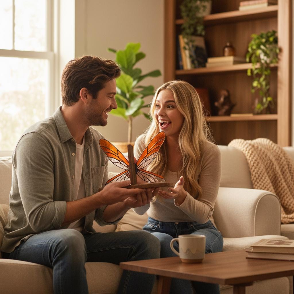 Handmade dragonfly wing stained glass bookends on premium solid oak base, green and yellow glass casting shadows, art nouveau luxury decor.