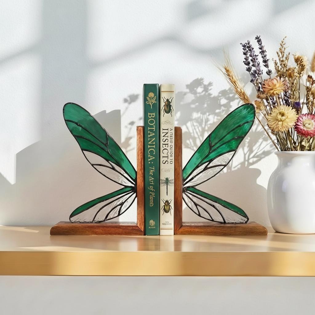 Handmade dragonfly wing stained glass bookends on premium solid oak base, green and yellow glass casting shadows, art nouveau luxury decor.