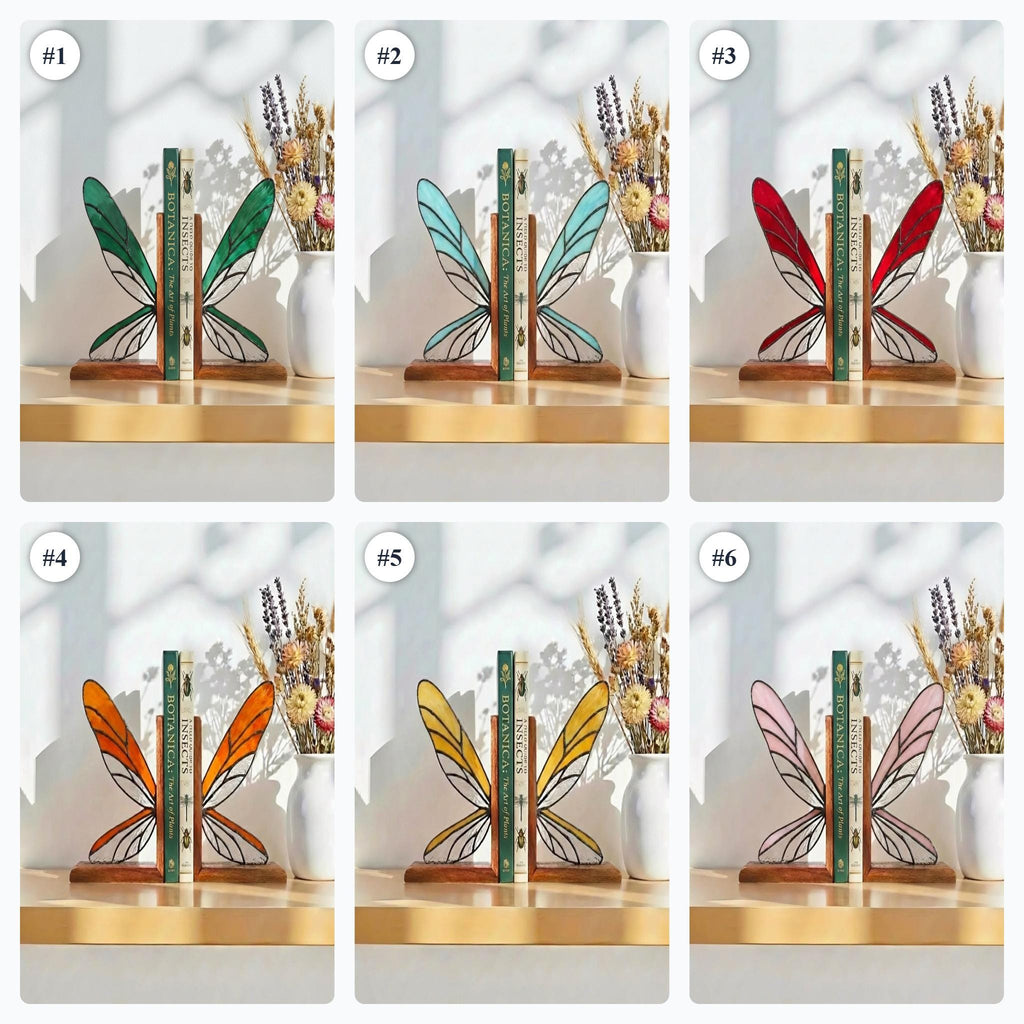 Handmade dragonfly wing stained glass bookends on premium solid oak base, green and yellow glass casting shadows, art nouveau luxury decor.