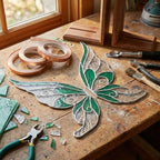 Handmade stained glass fairy wing bookends on solid oak wood base, magical fantasy library decor, cicada wing book stand for reading nook.