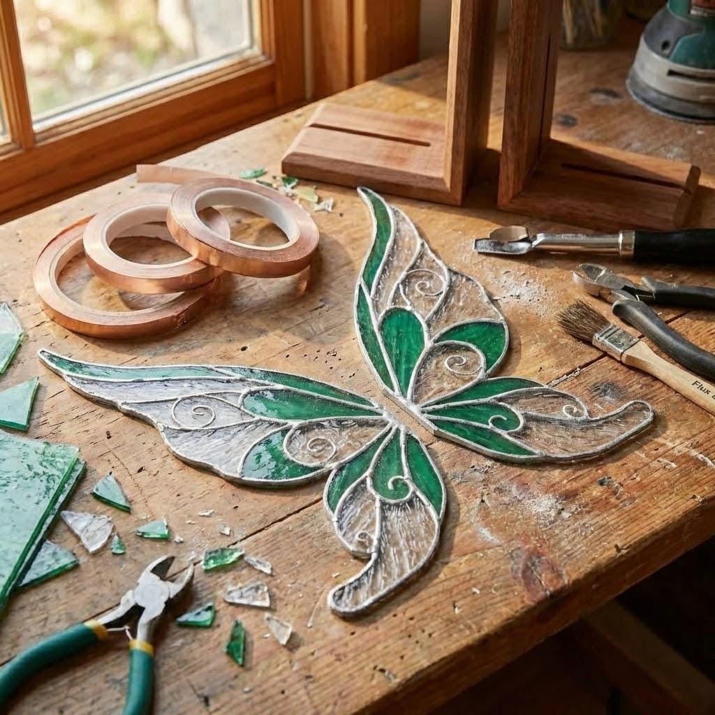 Handmade stained glass fairy wing bookends on solid oak wood base, magical fantasy library decor, cicada wing book stand for reading nook.
