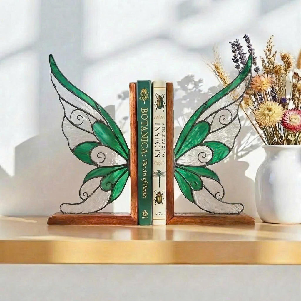 Handmade stained glass fairy wing bookends on solid oak wood base, magical fantasy library decor, cicada wing book stand for reading nook.