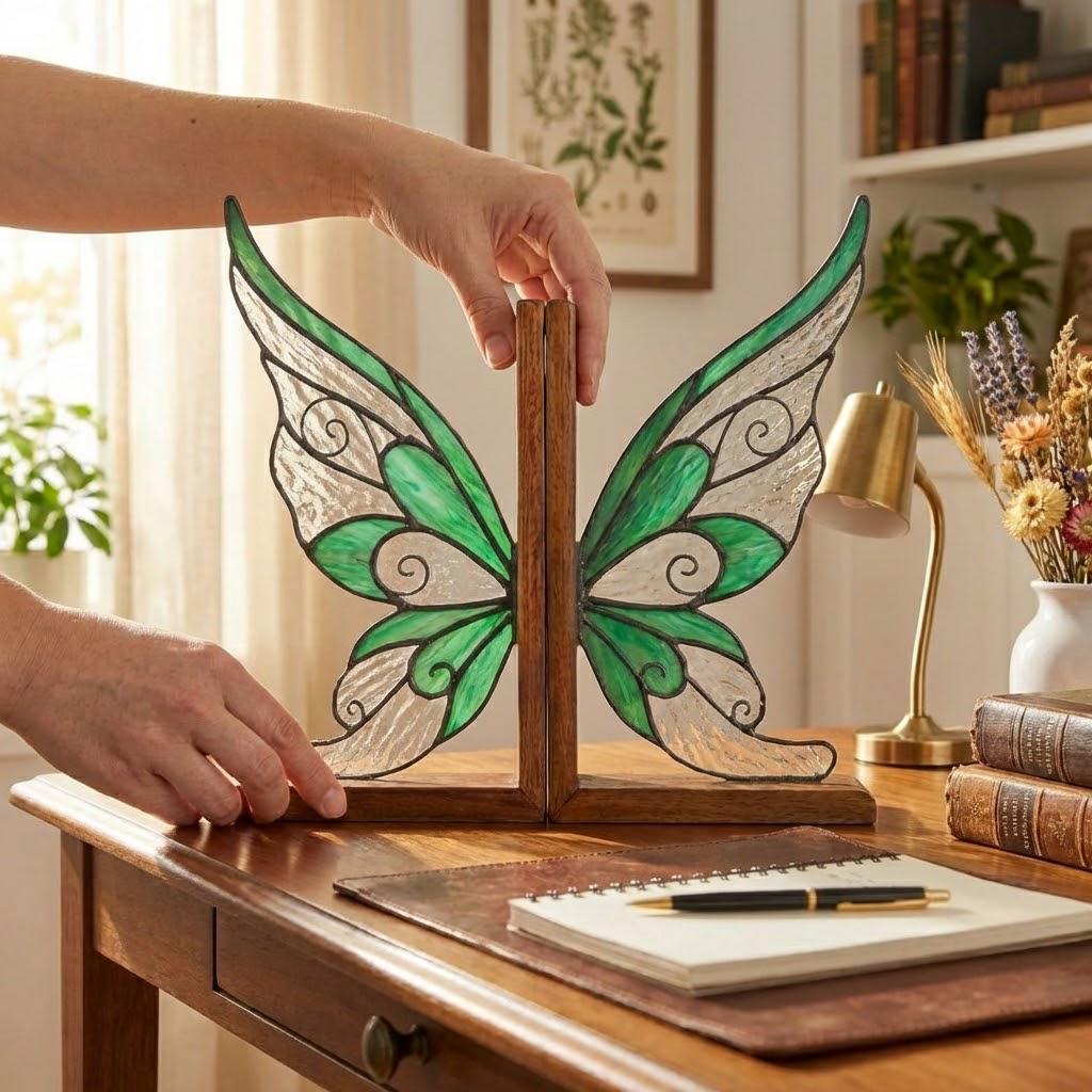 Handmade stained glass fairy wing bookends on solid oak wood base, magical fantasy library decor, cicada wing book stand for reading nook.