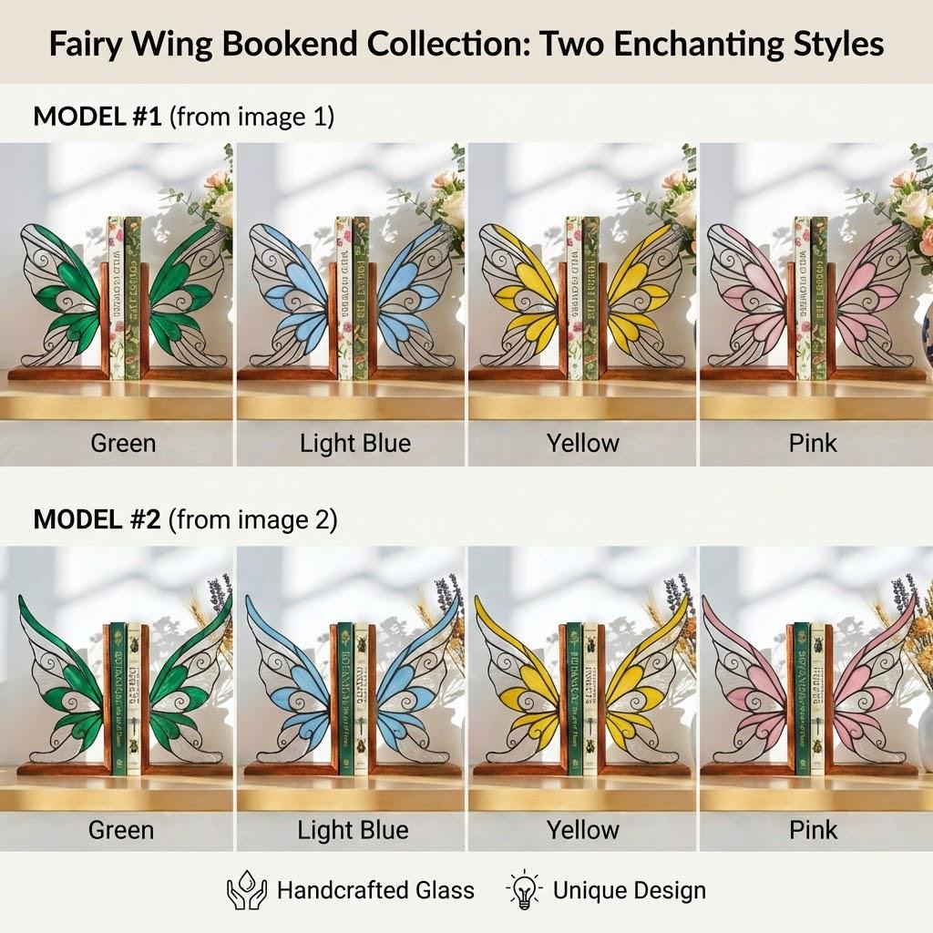 Handmade stained glass fairy wing bookends on solid oak wood base, magical fantasy library decor, cicada wing book stand for reading nook.