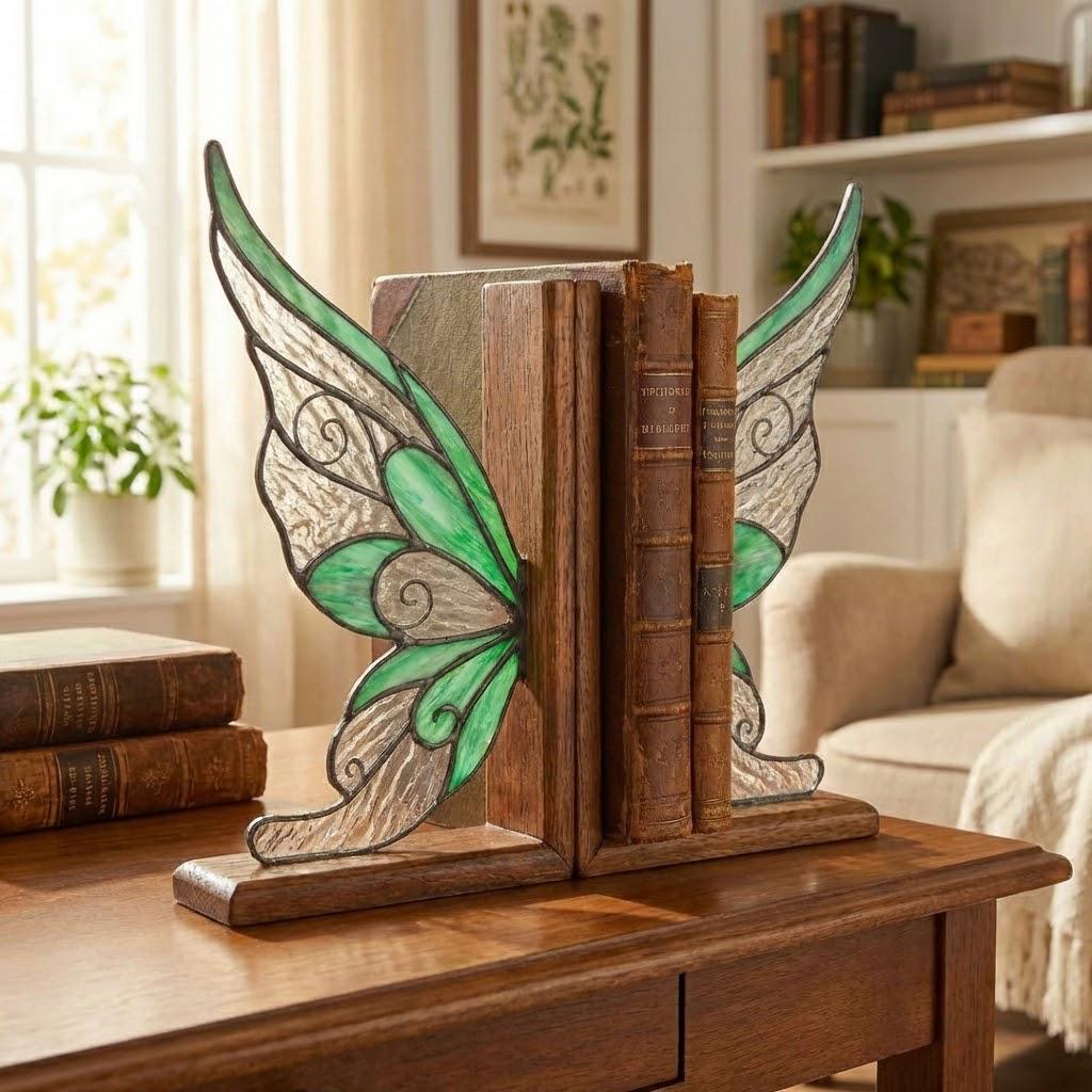 Handmade stained glass fairy wing bookends on solid oak wood base, magical fantasy library decor, cicada wing book stand for reading nook.