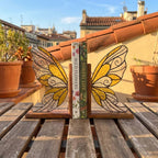 Handmade stained glass fairy wing bookends on solid oak wood base, magical fantasy library decor, cicada wing book stand for reading nook.