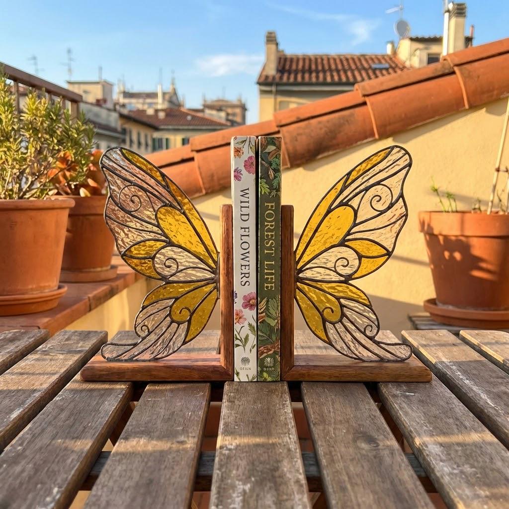 Handmade stained glass fairy wing bookends on solid oak wood base, magical fantasy library decor, cicada wing book stand for reading nook.