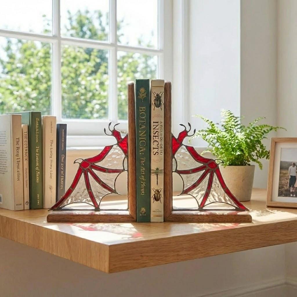 Pair of handmade stained glass dragon wing bookends on solid oak base, red and black fantasy decor, wyvern wings for bookshelf, fourth wing gift.