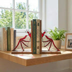 Pair of handmade stained glass dragon wing bookends on solid oak base, red and black fantasy decor, wyvern wings for bookshelf, fourth wing gift.