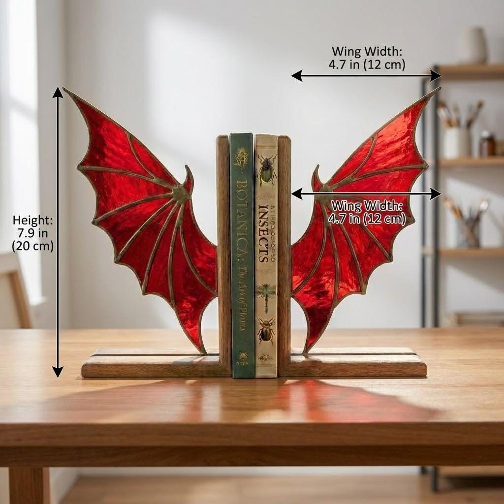 Pair of handmade stained glass dragon wing bookends on solid oak base, red and black fantasy decor, wyvern wings for bookshelf, fourth wing gift.