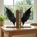 Pair of handmade stained glass dragon wing bookends on solid oak base, red and black fantasy decor, wyvern wings for bookshelf, fourth wing gift.