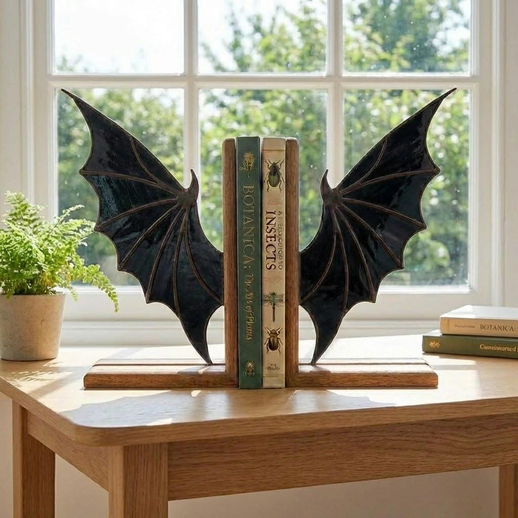 Pair of handmade stained glass dragon wing bookends on solid oak base, red and black fantasy decor, wyvern wings for bookshelf, fourth wing gift.