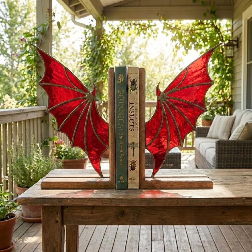 Pair of handmade stained glass dragon wing bookends on solid oak base, red and black fantasy decor, wyvern wings for bookshelf, fourth wing gift.
