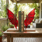 Pair of handmade stained glass dragon wing bookends on solid oak base, red and black fantasy decor, wyvern wings for bookshelf, fourth wing gift.