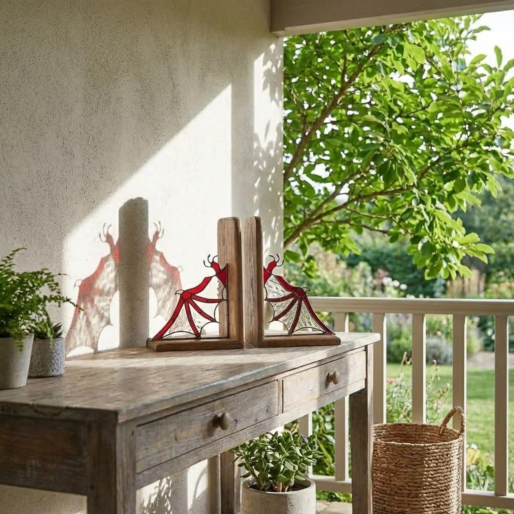 Pair of handmade stained glass dragon wing bookends on solid oak base, red and black fantasy decor, wyvern wings for bookshelf, fourth wing gift.
