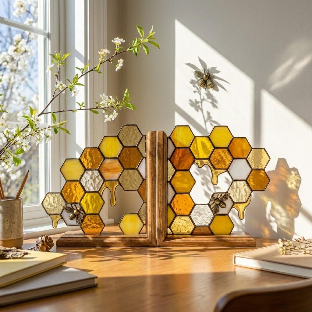 Handmade stained glass honeycomb bookends with metal bee detail, amber glass casting golden shadows, solid oak wood base for heavy books.
