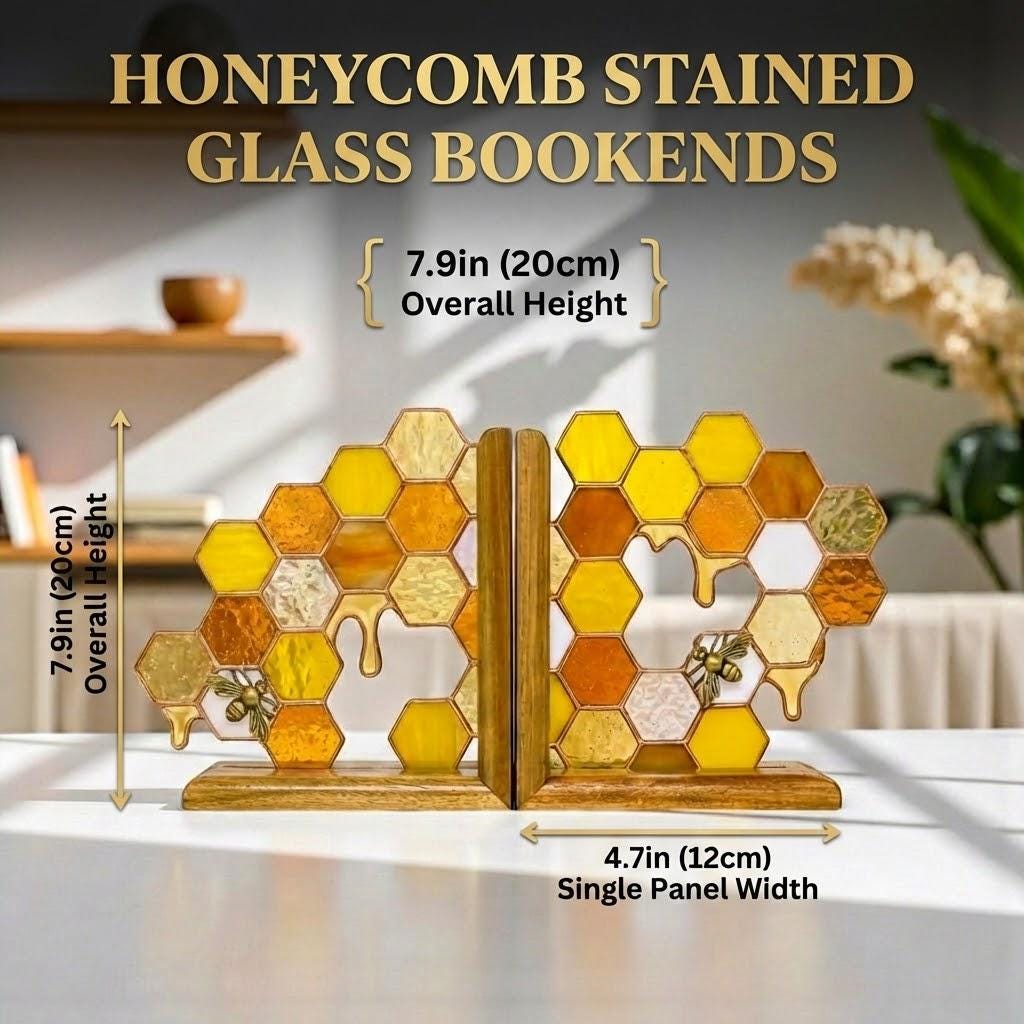 Handmade stained glass honeycomb bookends with metal bee detail, amber glass casting golden shadows, solid oak wood base for heavy books.