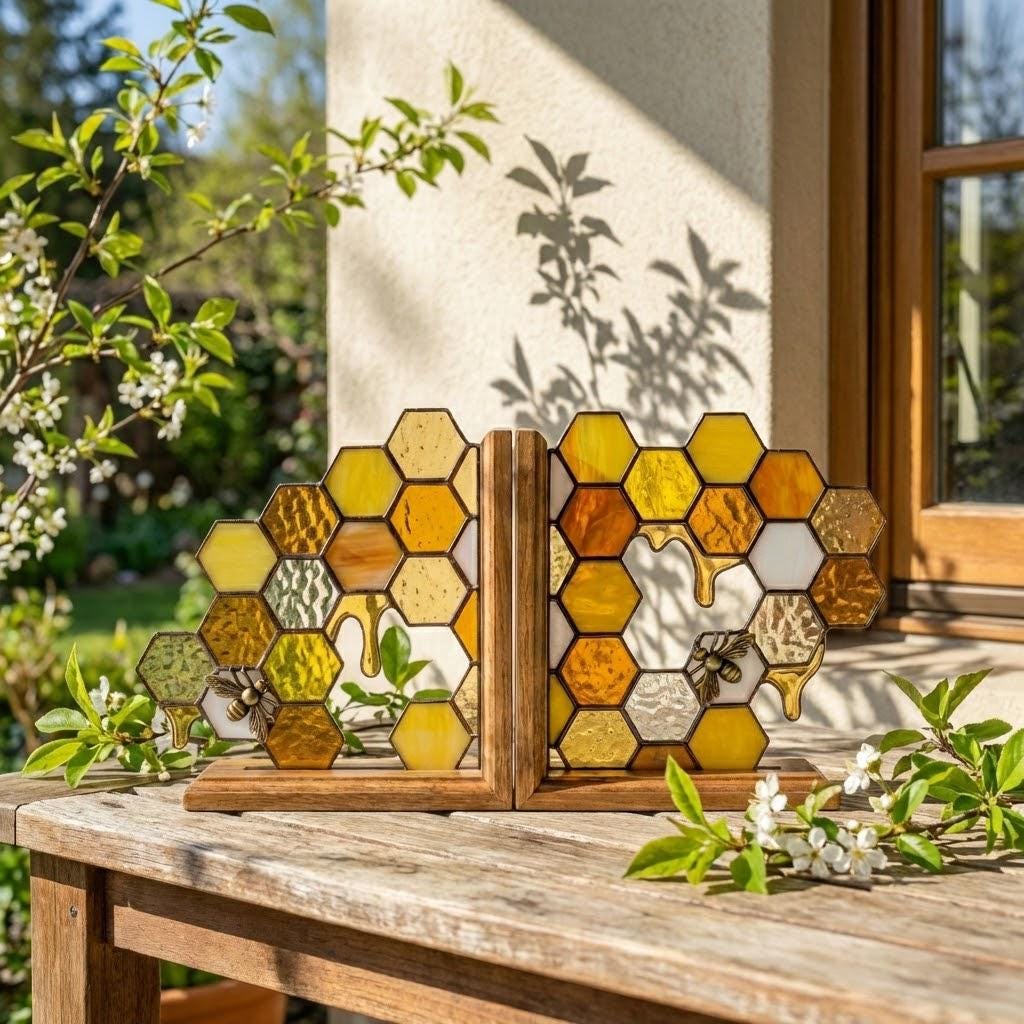 Handmade stained glass honeycomb bookends with metal bee detail, amber glass casting golden shadows, solid oak wood base for heavy books.