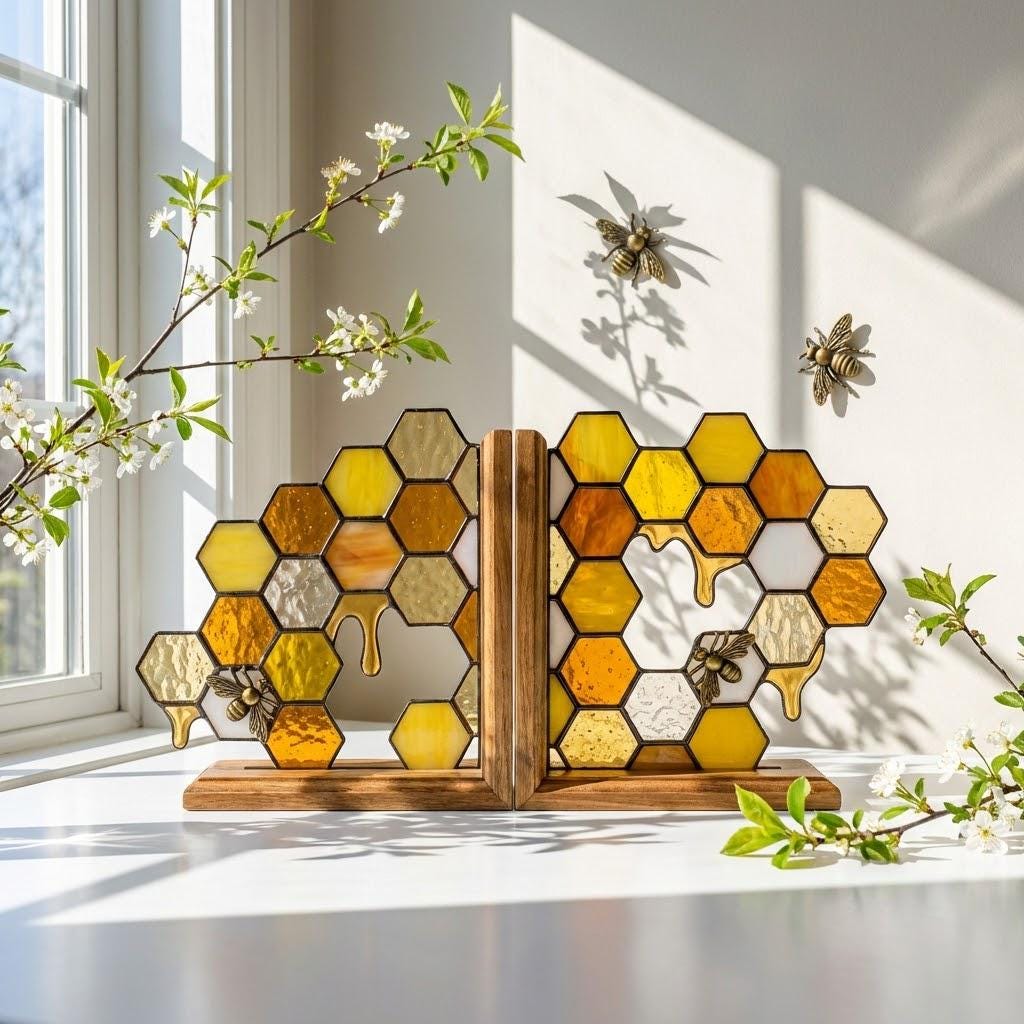 Handmade stained glass honeycomb bookends with metal bee detail, amber glass casting golden shadows, solid oak wood base for heavy books.