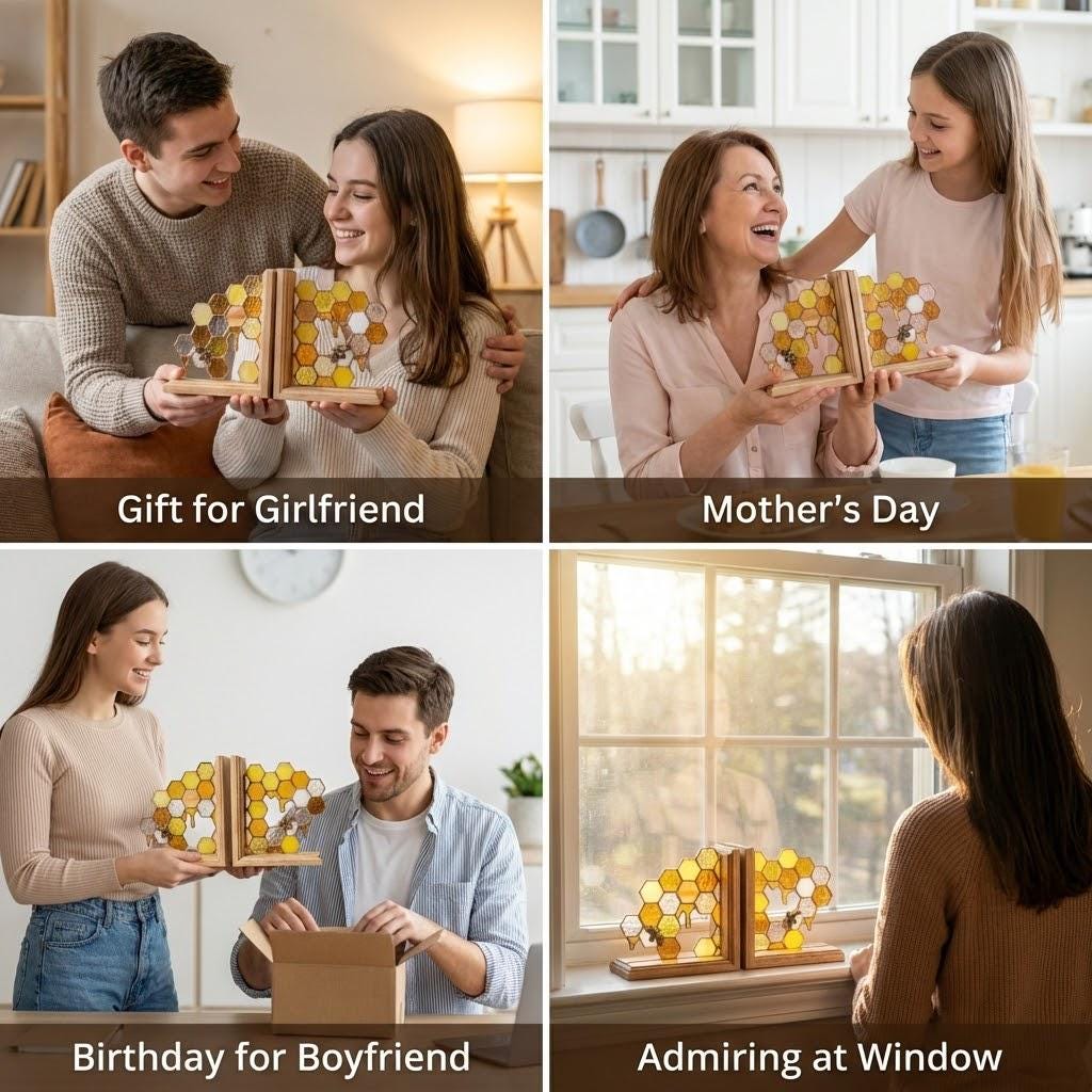 Handmade stained glass honeycomb bookends with metal bee detail, amber glass casting golden shadows, solid oak wood base for heavy books.