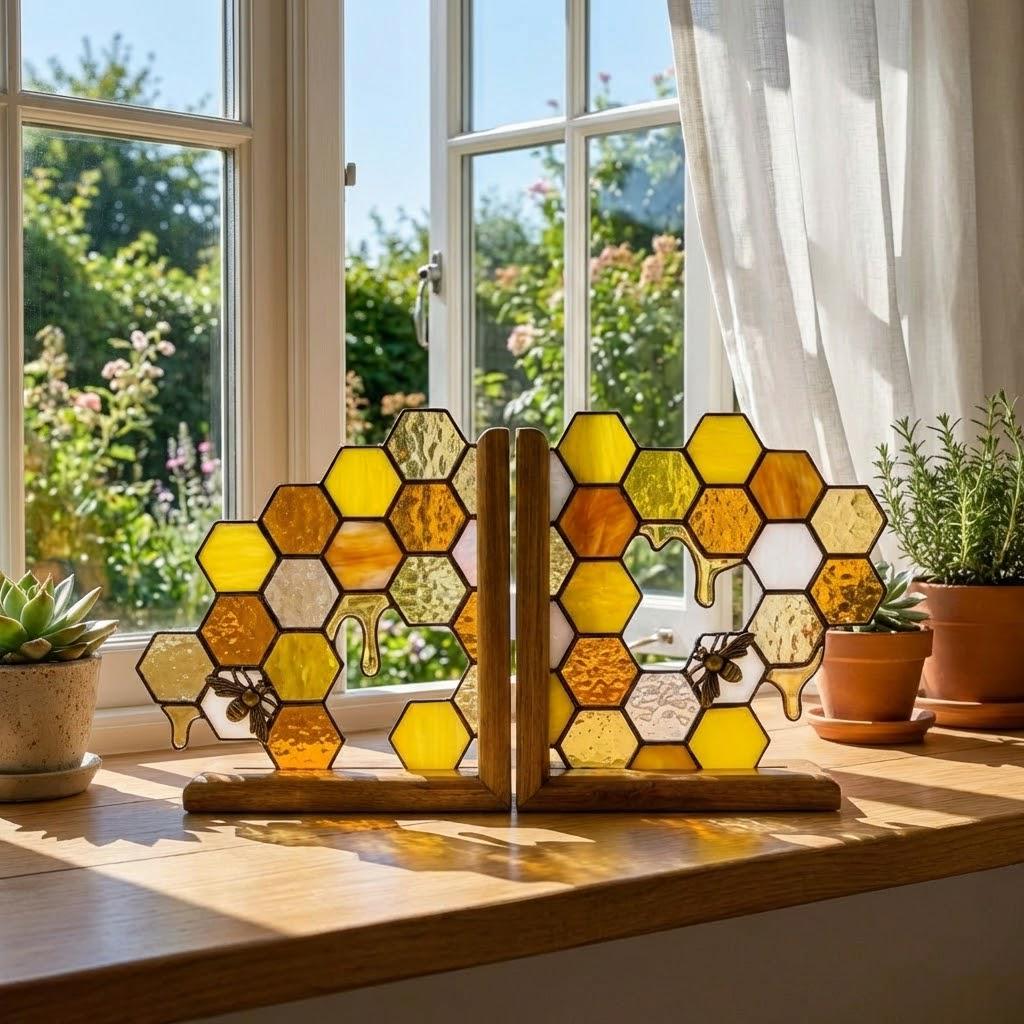 Handmade stained glass honeycomb bookends with metal bee detail, amber glass casting golden shadows, solid oak wood base for heavy books.