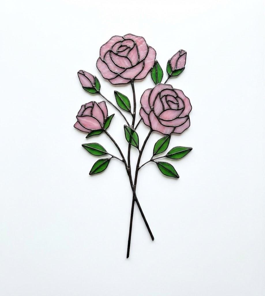 Handmade stained glass pink rose flower bouquet plant stake, 3d glass art for flower pot decoration, eternal flower gift for mother day, vase not included.