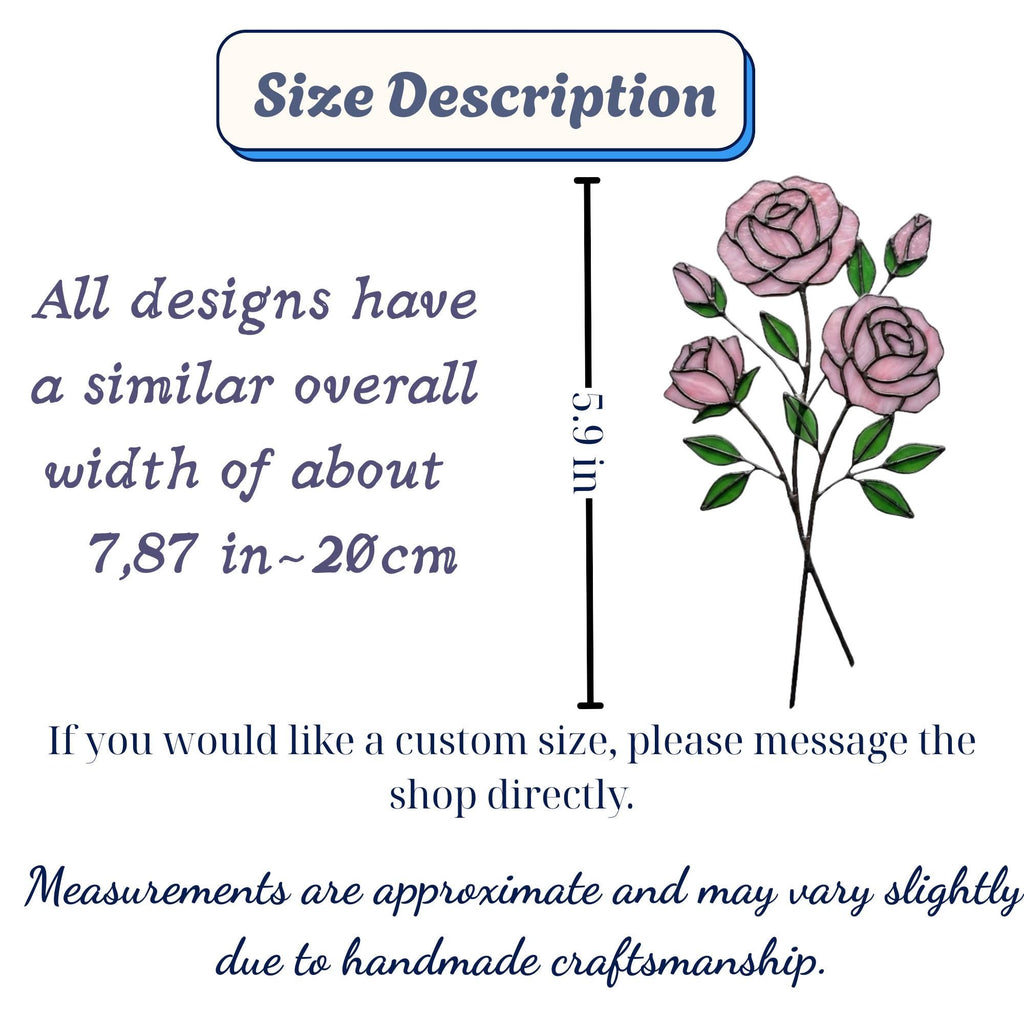 Handmade stained glass pink rose flower bouquet plant stake, 3d glass art for flower pot decoration, eternal flower gift for mother day, vase not included.