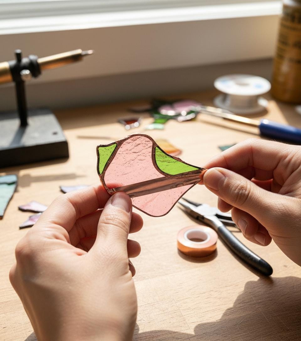 Handmade stained glass pink rose flower bouquet plant stake, 3d glass art for flower pot decoration, eternal flower gift for mother day, vase not included.