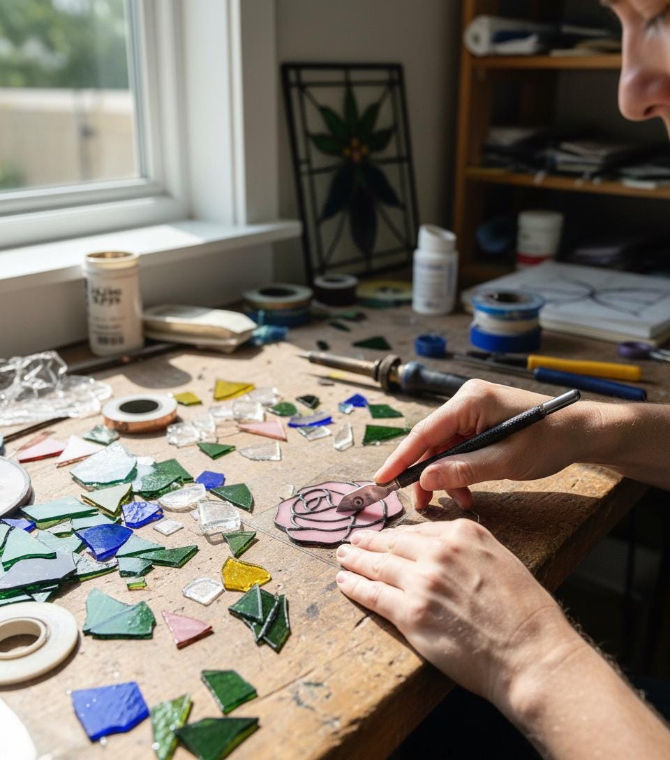 Handmade stained glass pink rose flower bouquet plant stake, 3d glass art for flower pot decoration, eternal flower gift for mother day, vase not included.