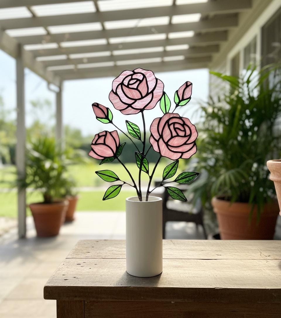 Handmade stained glass pink rose flower bouquet plant stake, 3d glass art for flower pot decoration, eternal flower gift for mother day, vase not included.