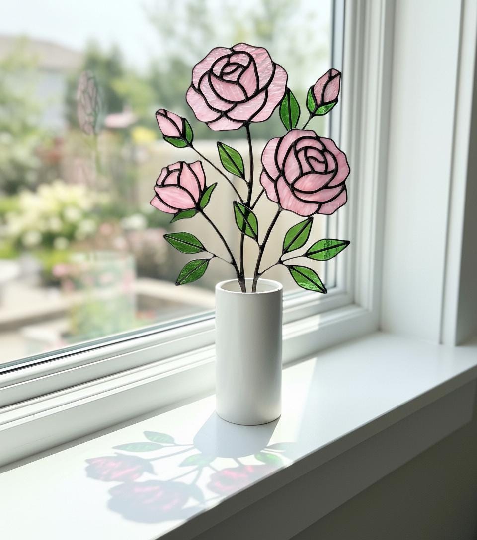 Handmade stained glass pink rose flower bouquet plant stake, 3d glass art for flower pot decoration, eternal flower gift for mother day, vase not included.