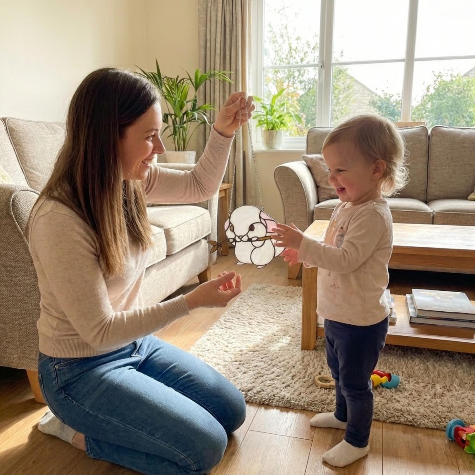 Handmade stained glass chinchilla suncatcher, cute white and grey rodent holding a branch, kawaii animal window hanging for pet lovers.