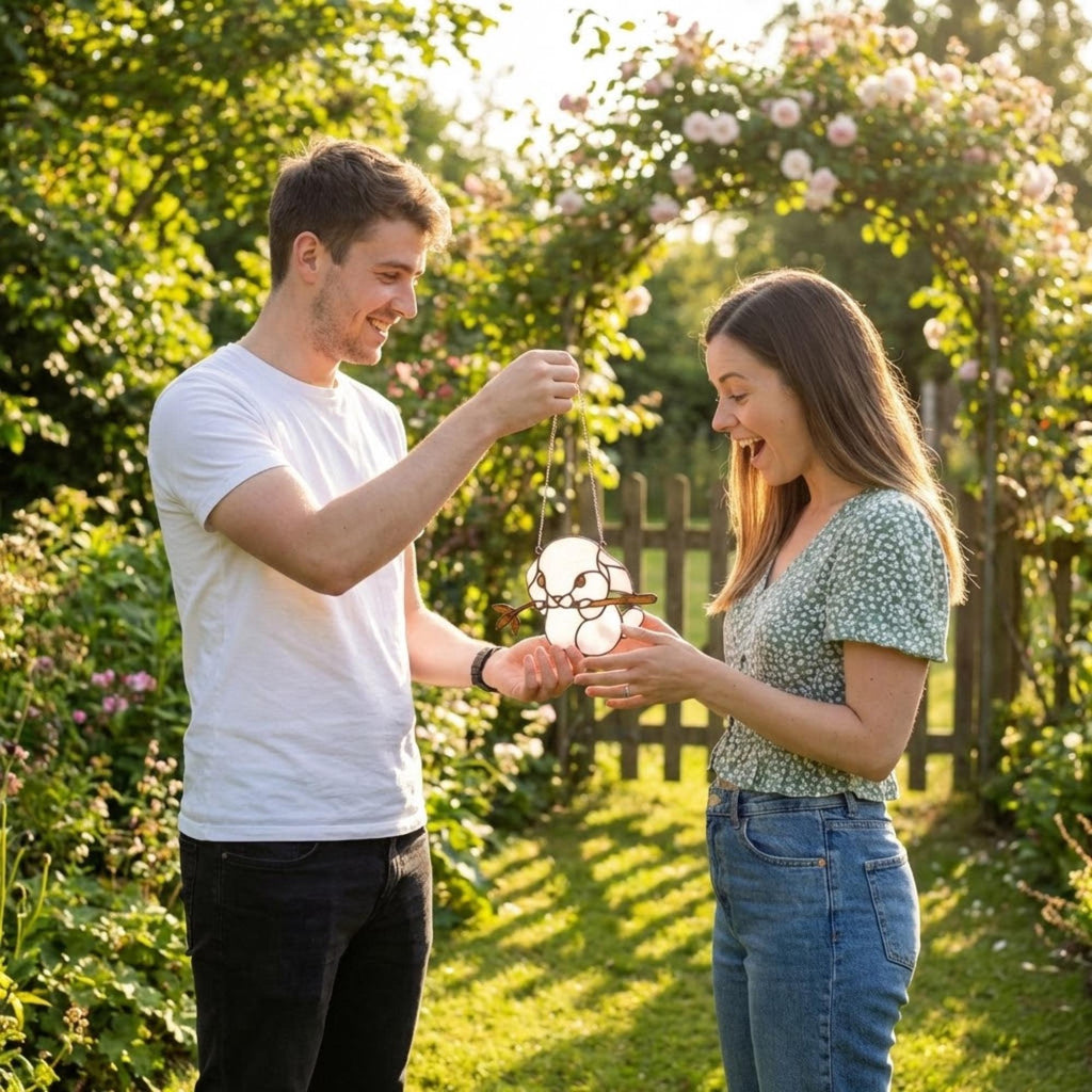 Handmade stained glass chinchilla suncatcher, cute white and grey rodent holding a branch, kawaii animal window hanging for pet lovers.