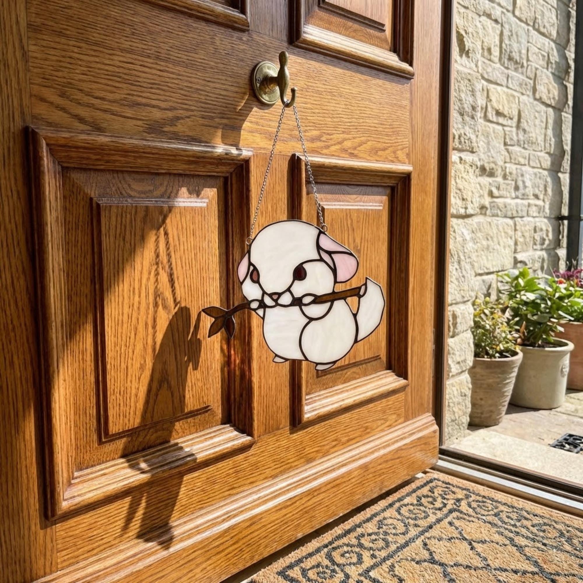Handmade stained glass chinchilla suncatcher, cute white and grey rodent holding a branch, kawaii animal window hanging for pet lovers.