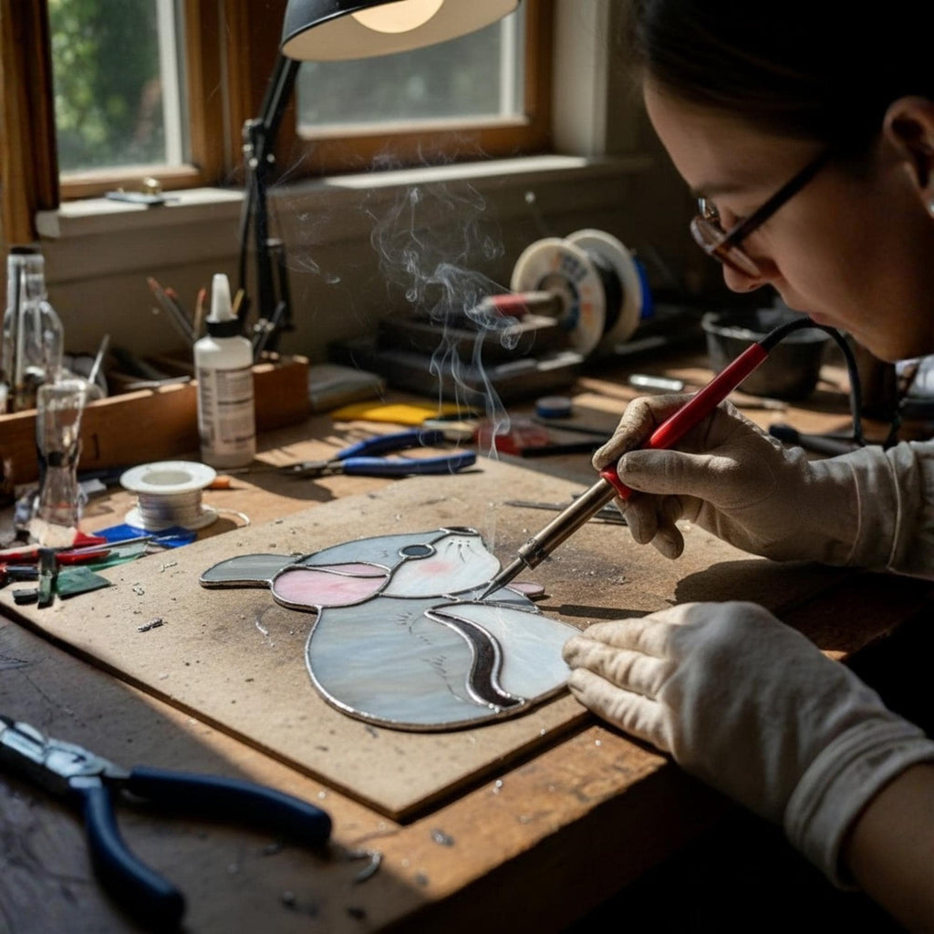 Handmade stained glass chinchilla suncatcher, cute white and grey rodent holding a branch, kawaii animal window hanging for pet lovers.