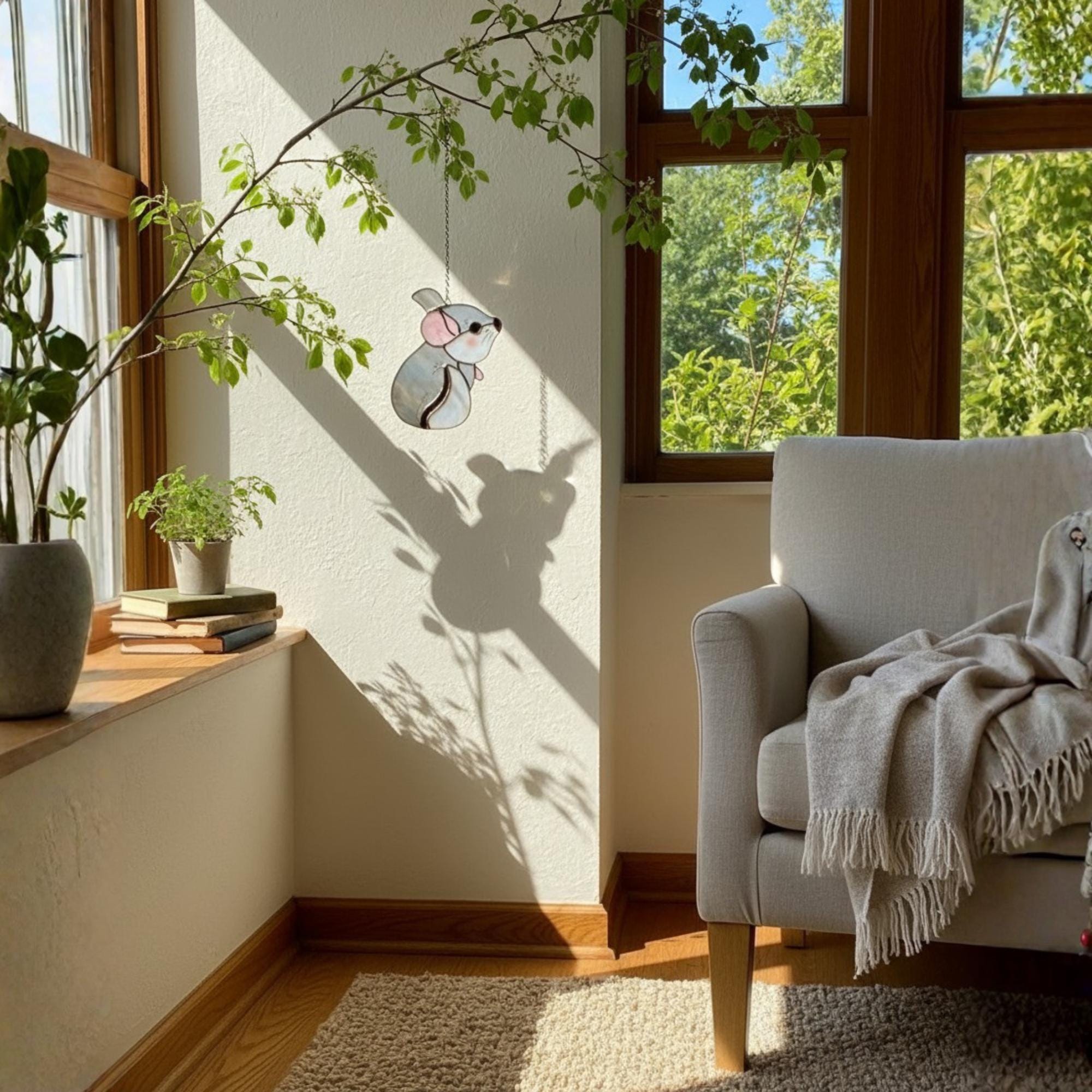 Handmade stained glass chinchilla suncatcher, cute white and grey rodent holding a branch, kawaii animal window hanging for pet lovers.