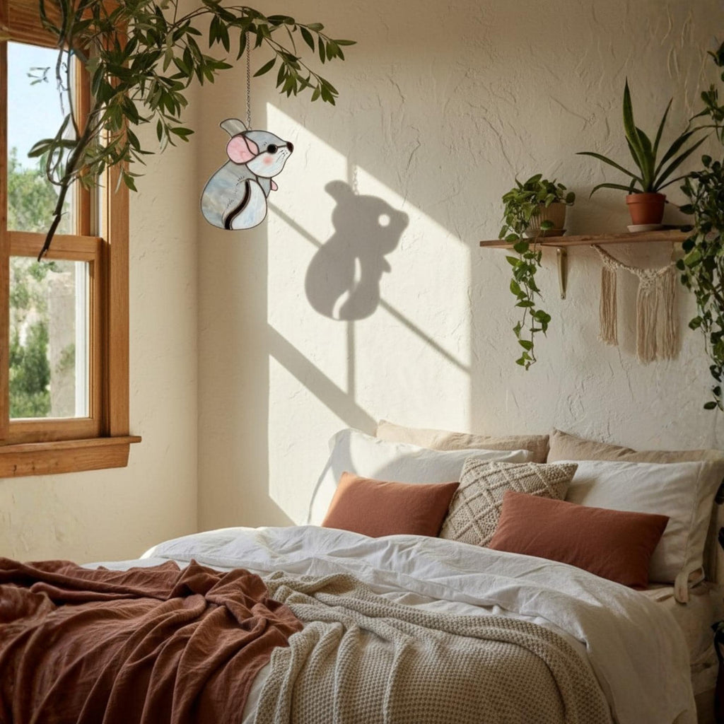 Handmade stained glass chinchilla suncatcher, cute white and grey rodent holding a branch, kawaii animal window hanging for pet lovers.