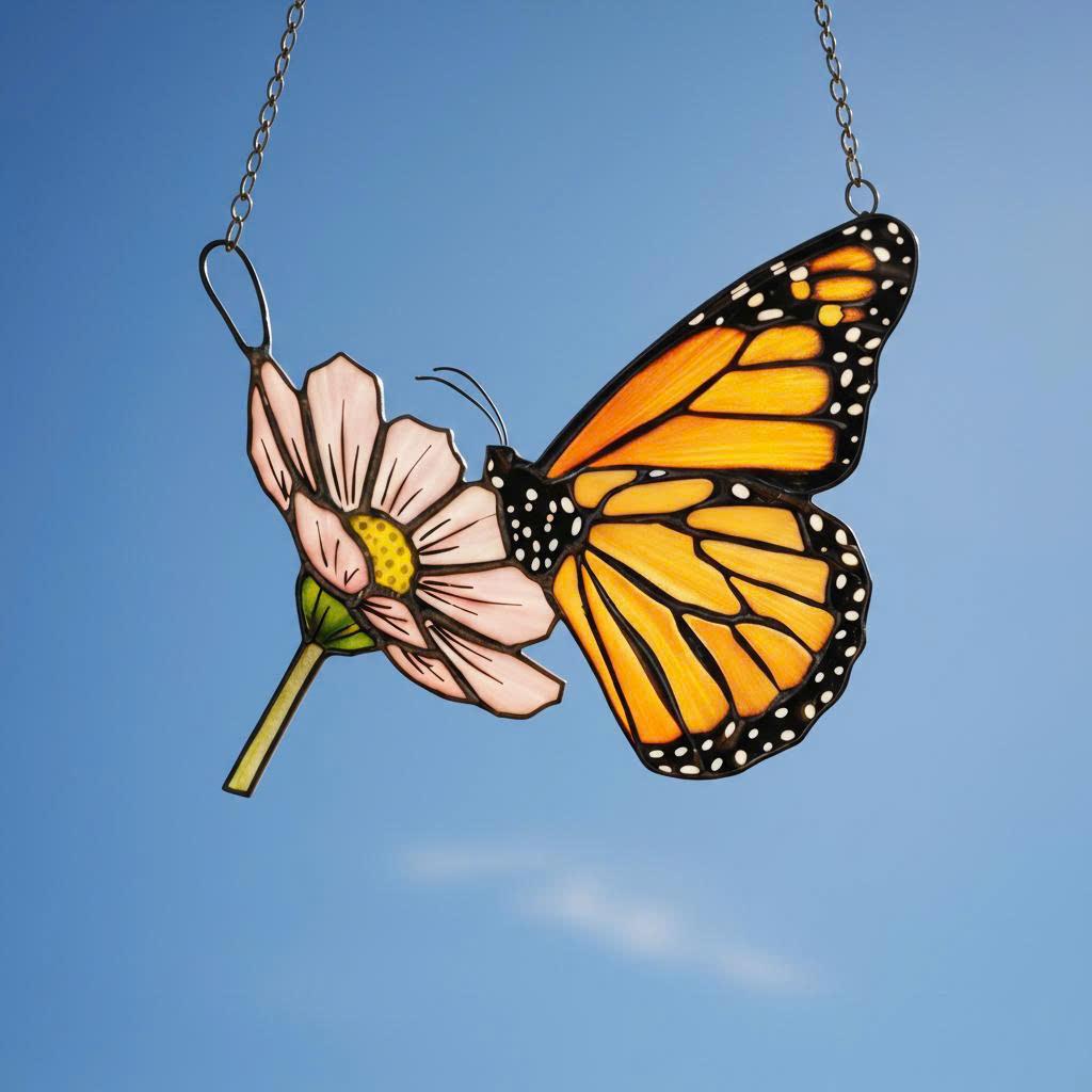 Handmade stained glass monarch butterfly perched on pink cosmos flower suncatcher, hanging window ornament, spring nature decor gift for her.