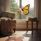 Handmade stained glass monarch butterfly perched on pink cosmos flower suncatcher, hanging window ornament, spring nature decor gift for her.