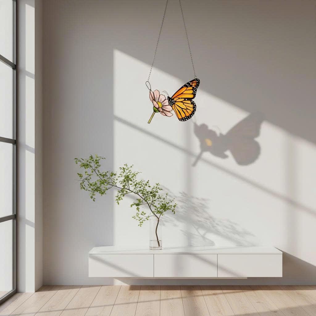 Handmade stained glass monarch butterfly perched on pink cosmos flower suncatcher, hanging window ornament, spring nature decor gift for her.