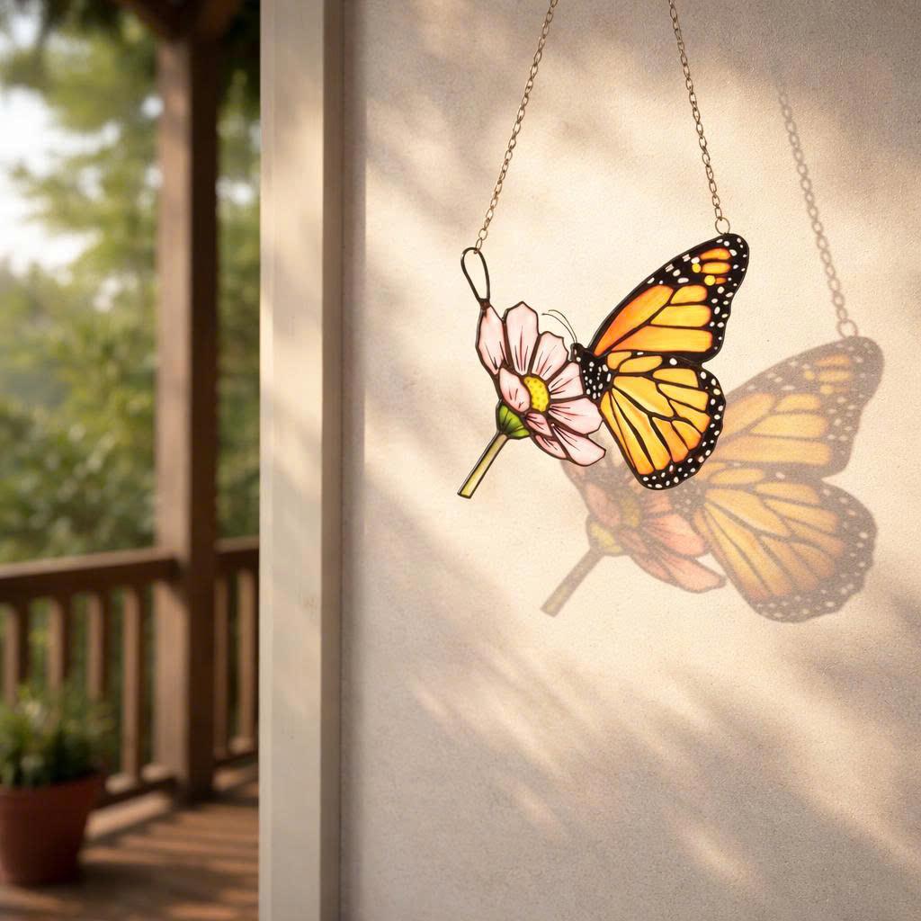 Handmade stained glass monarch butterfly perched on pink cosmos flower suncatcher, hanging window ornament, spring nature decor gift for her.